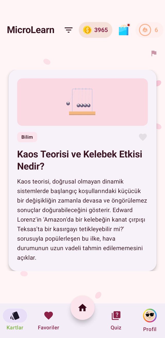 MicroLearn kart okuma ekranı — Kaos Teorisi bilgi kartı