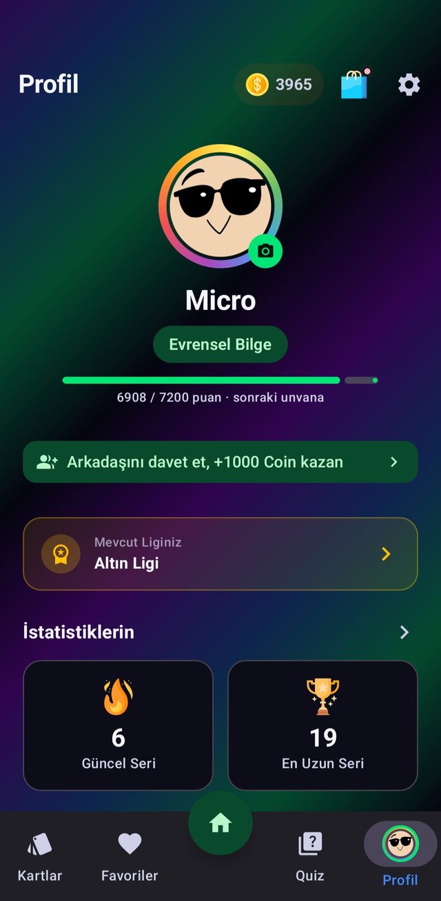 MicroLearn profil ekranı — unvan, lig ve istatistikler